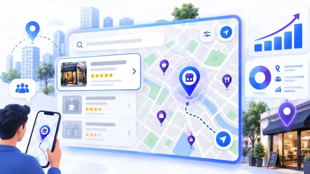 Google Maps local search visibility dashboard with business listings, reviews, and location pins