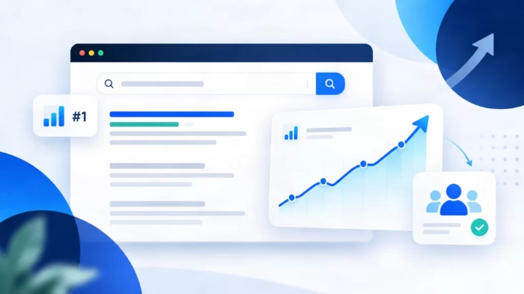 SEO growth dashboard showing improved Google visibility and website traffic